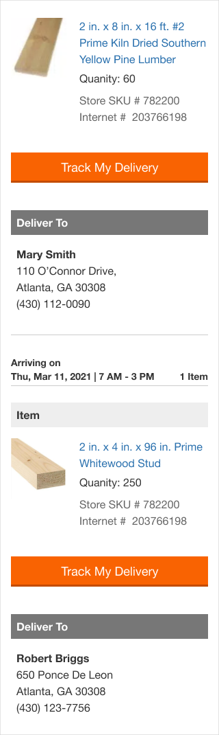 Home Depot email  displaying multiple deliveries.