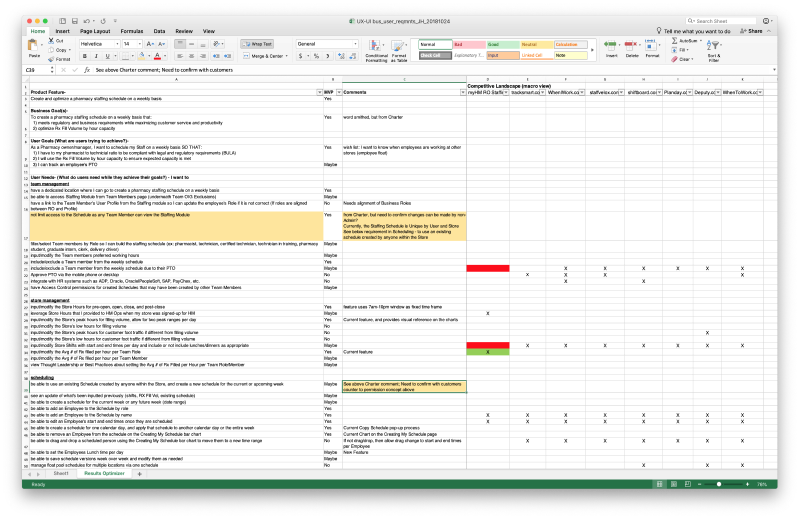 Excel sheet showing user requirements.