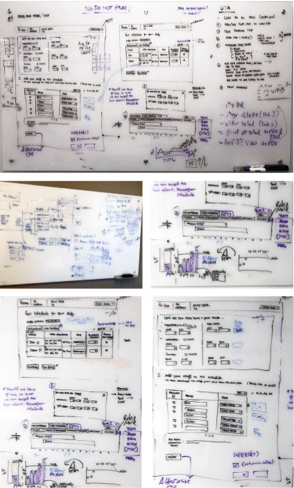 Office whiteboard showing design iterations and concepts.