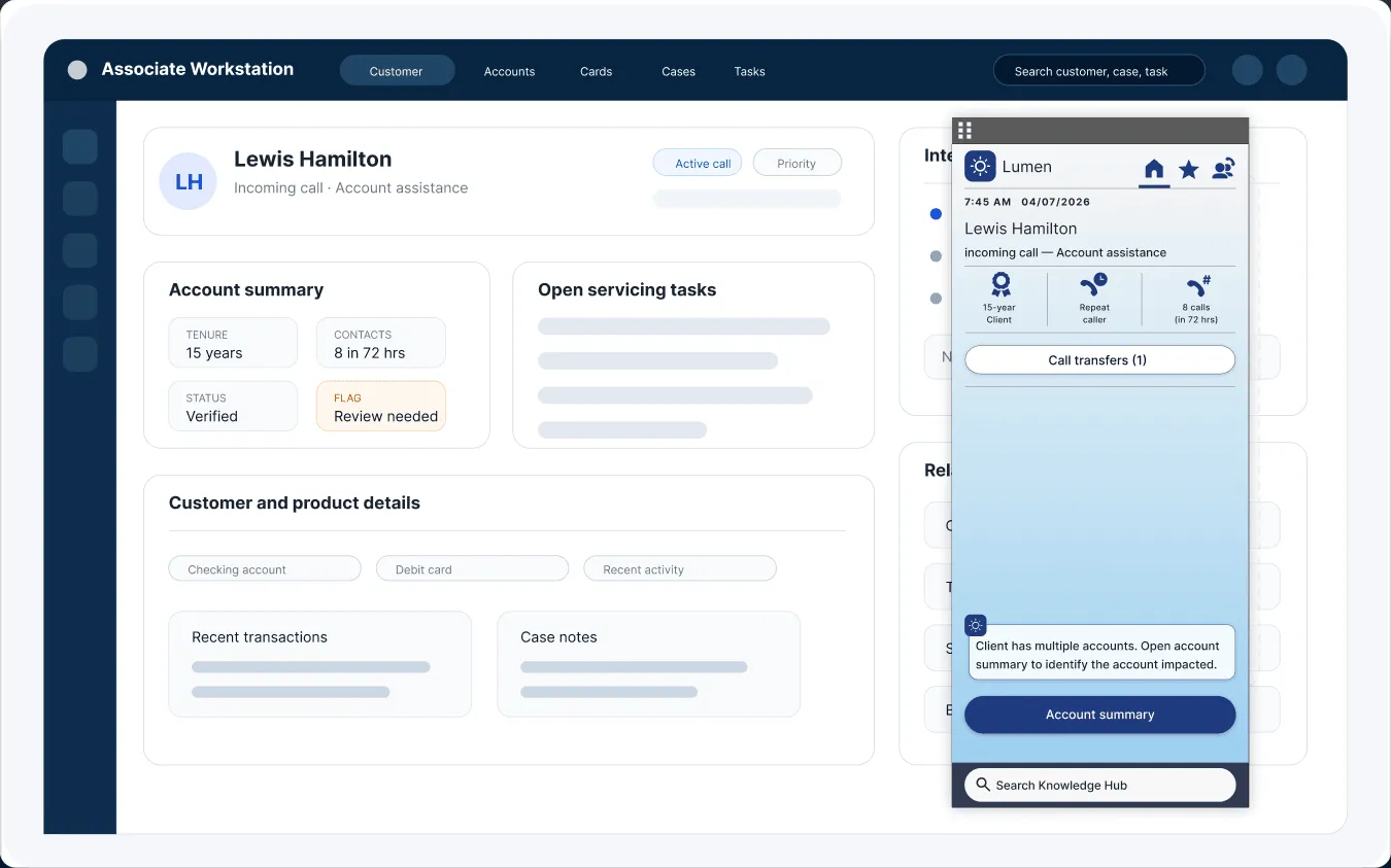 Associate workstation screen with the Lumen assistant panel open during a live call