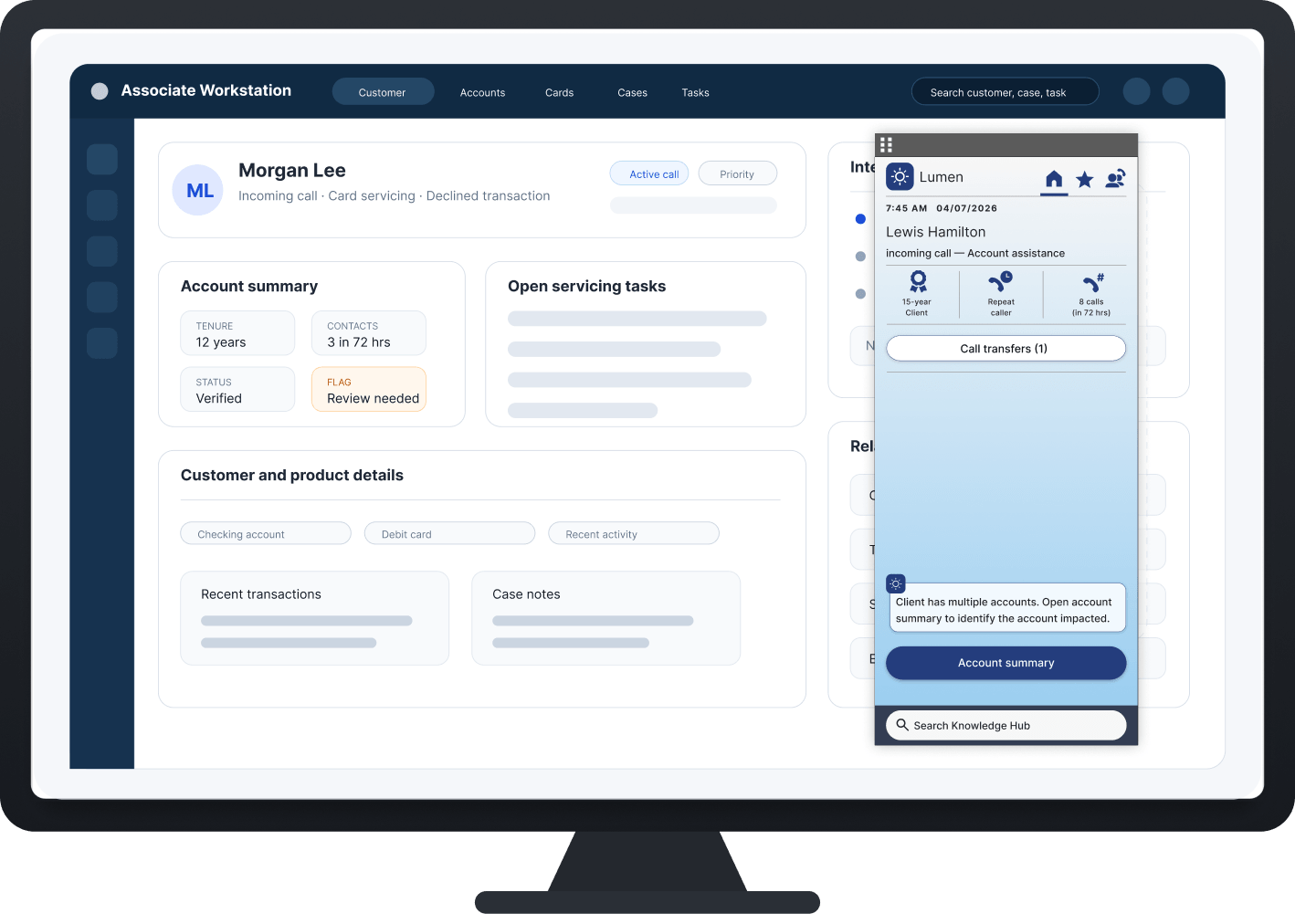 Associate workstation screen with the Lumen assistant panel open during a live call