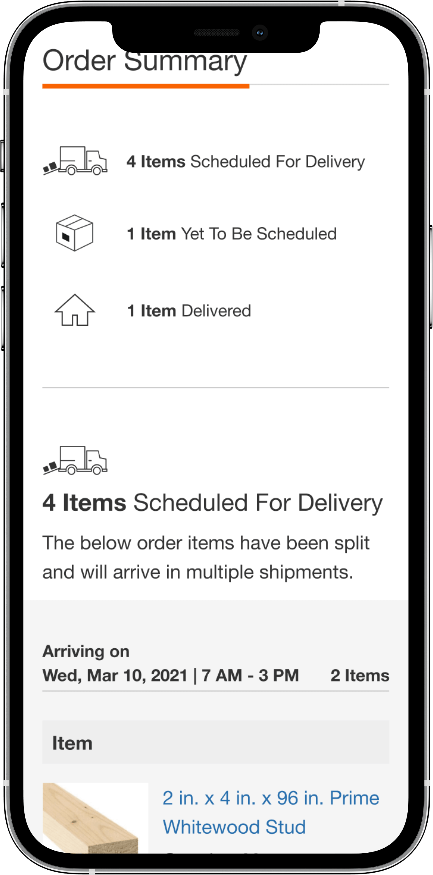 Order summary screen on a phone showing split shipments with scheduled delivery states