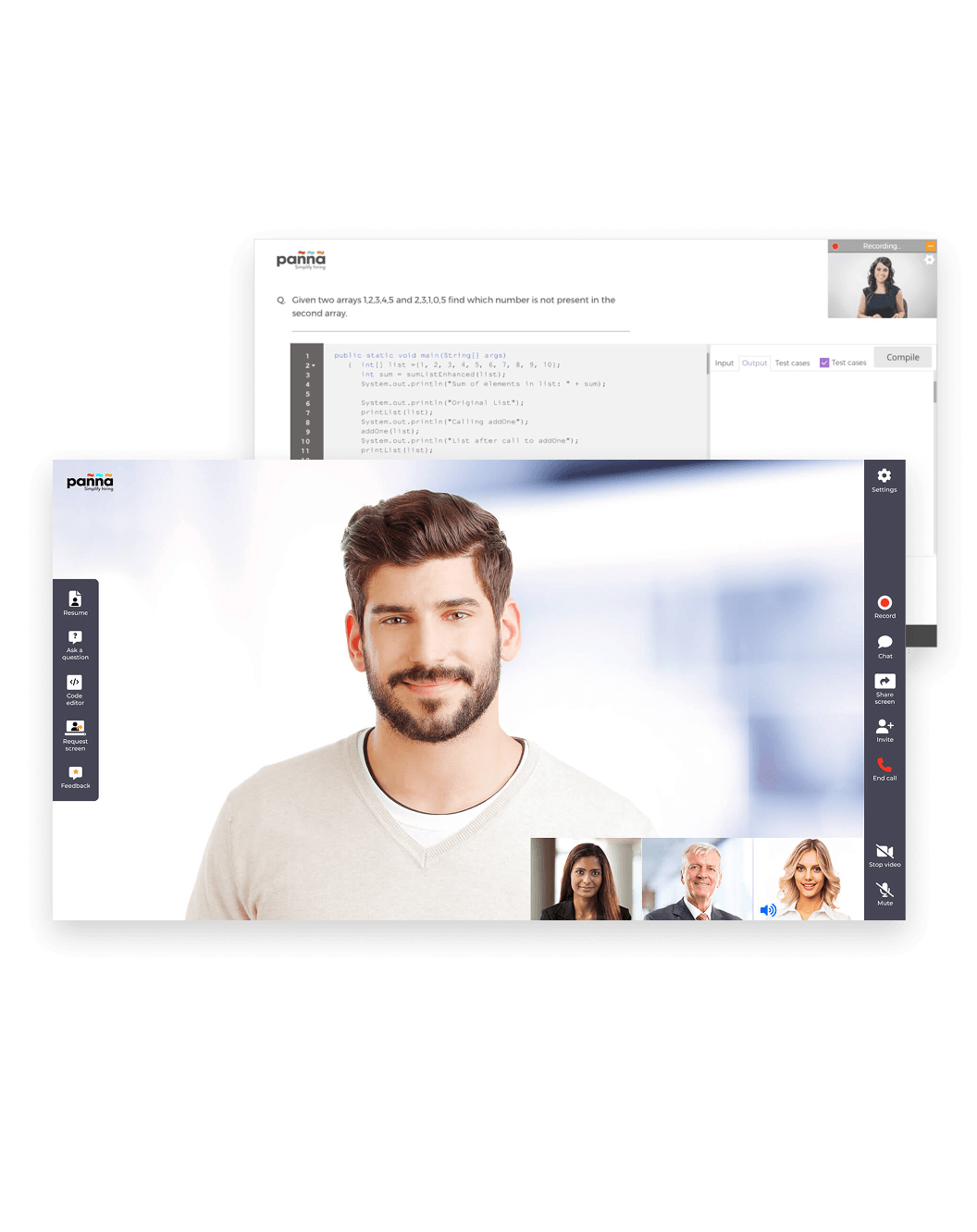 Panna live interview screen layered over the coding assessment view